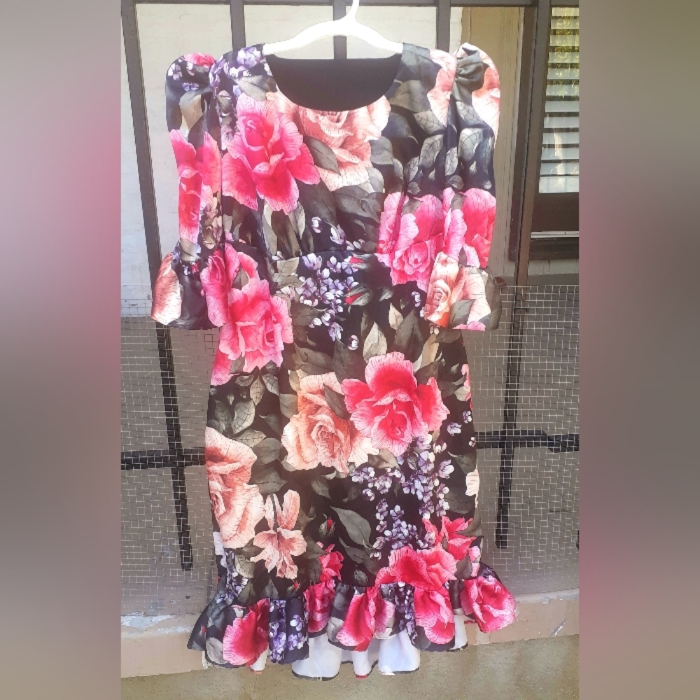 Stretch satin rose floral vintage style dress size large